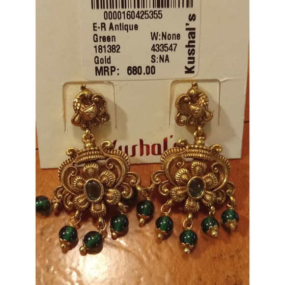 Kushal's Fashion Jewellery Jewelry - Kushals Antique Gold Green Bead Peacock Floral Drop Earrings Traditional Indian